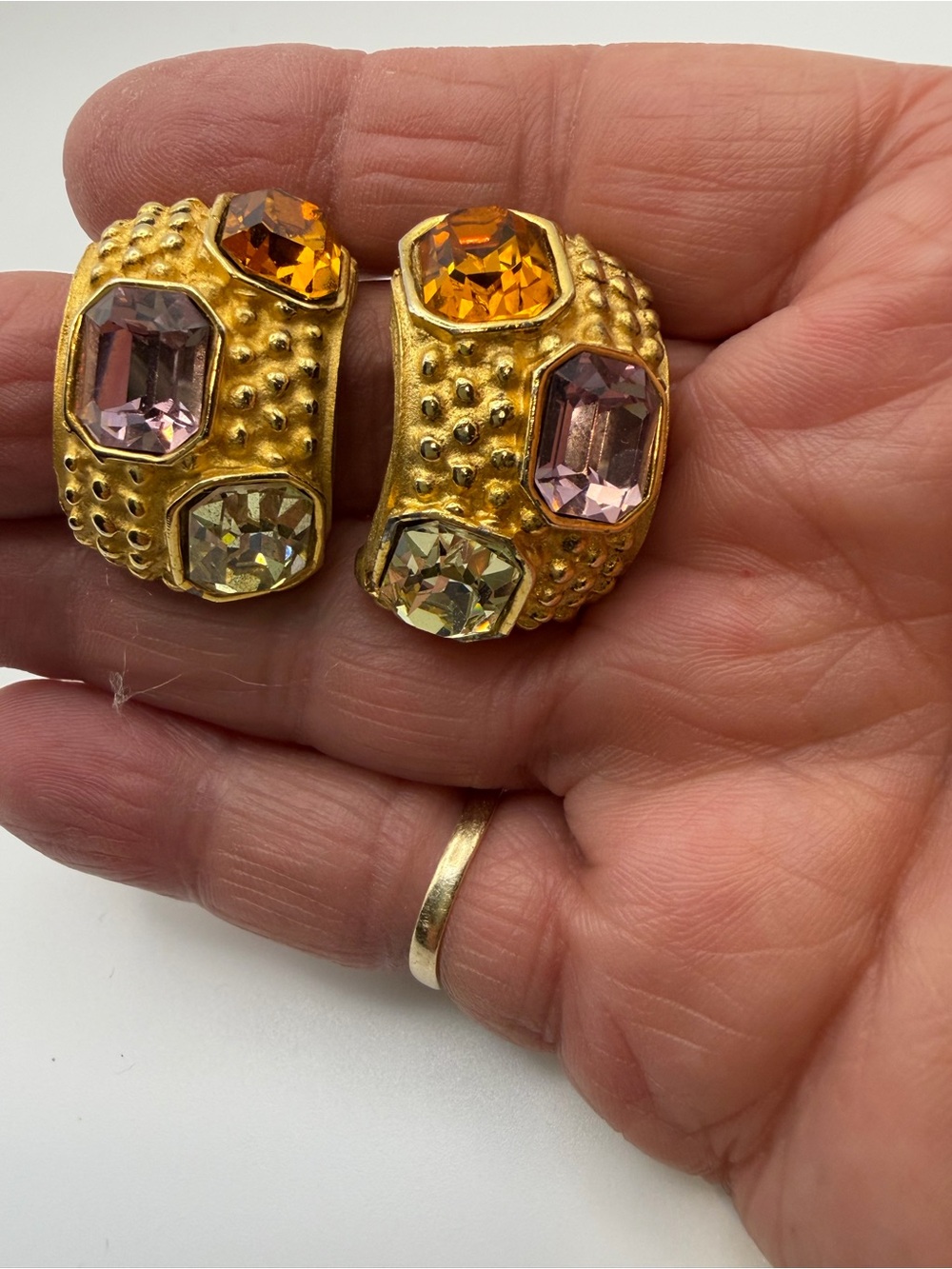 Vintage Maresca signed Jeweled gold tone  crystal statement clip on earrings